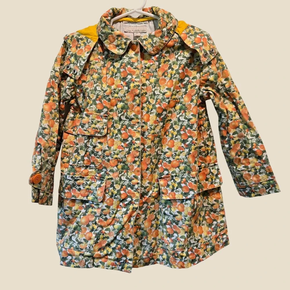 Stella McCartney Kids Citrus Orange Print Hooded Utility Jacket Coat Size 6Y